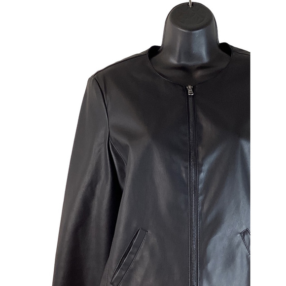 Ann Taylor Womens Faux Leather Jacket Solid Black Full Zip Mock Neck Ruffled 4 - Picture 6 of 12